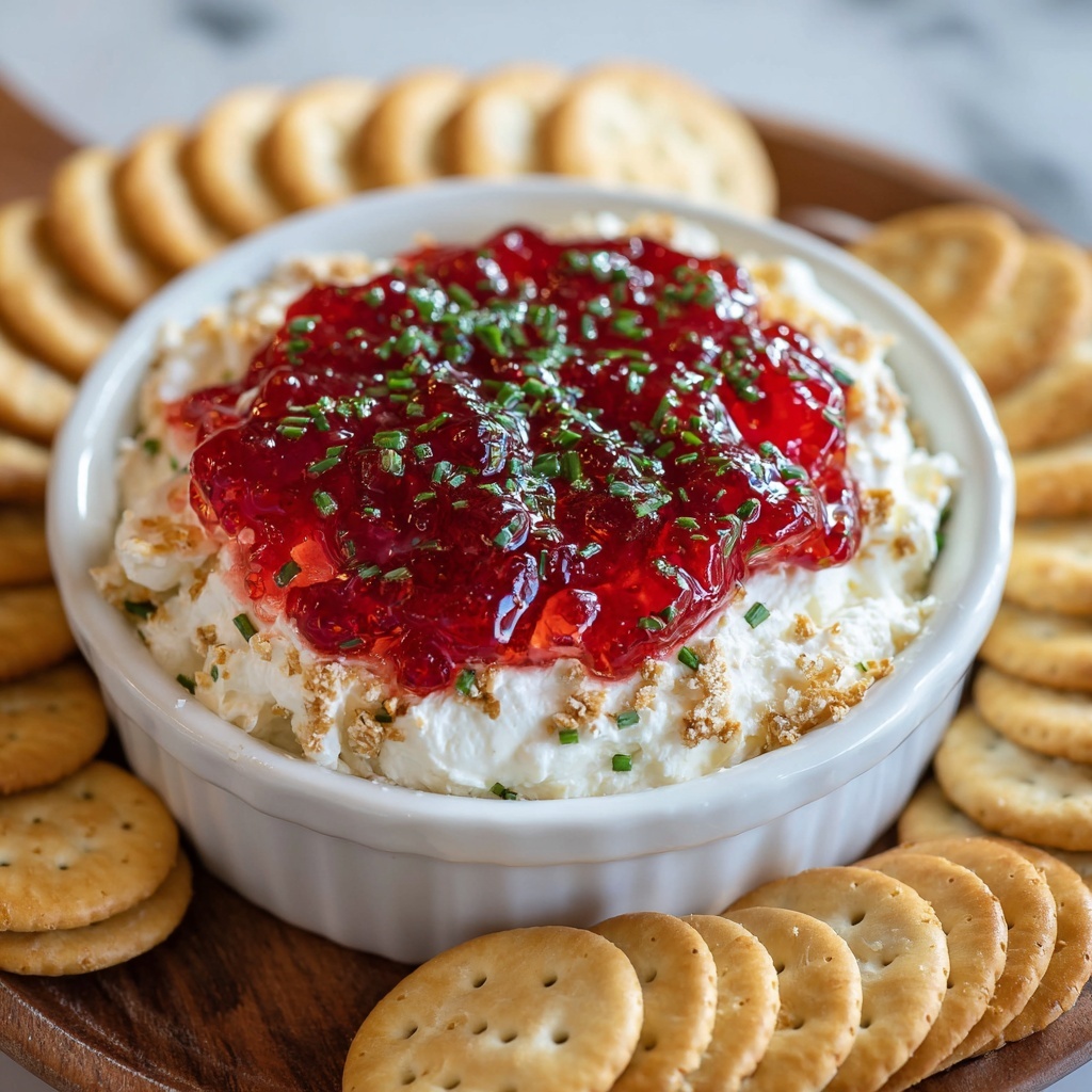 A white ceramic dish filled with a creamy, chunky dip showing two main layers: the bottom layer is thick, creamy, and light beige with bits of herbs and small chunks, while the top layer is bright red with a glossy, jelly-like texture spread unevenly. A spoon with a white handle rests in the dip, scooping some out, revealing the smooth and chunky mix beneath the red layer. Around the dish, there are many round, light golden crackers resting on a white marbled surface. photo taken with an iphone --ar 4:5 --v 7