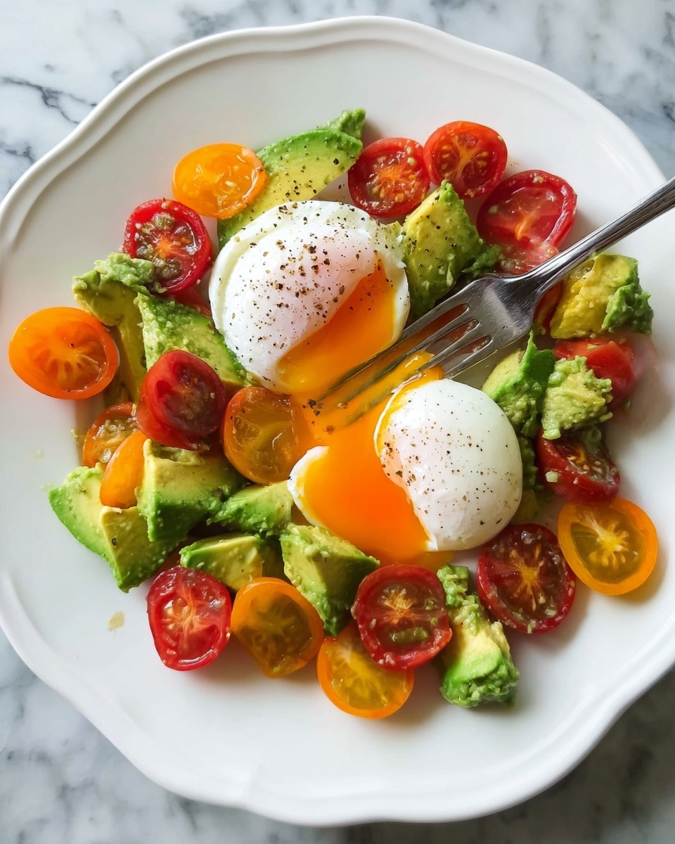 A white scalloped plate holds a fresh salad with three main layers: the bottom layer consists of halved red and yellow cherry tomatoes scattered around the plate; the middle layer features chunky green avocado pieces mixed evenly with the tomatoes; the top layer has two poached eggs, one whole and one cut open to reveal a runny orange yolk flowing onto the avocado and tomatoes below. A silver fork presses into the cut egg yolk, adding a shiny metallic contrast. The surface underneath the plate is a white marbled texture. Photo taken with an iphone --ar 4:5 --v 7