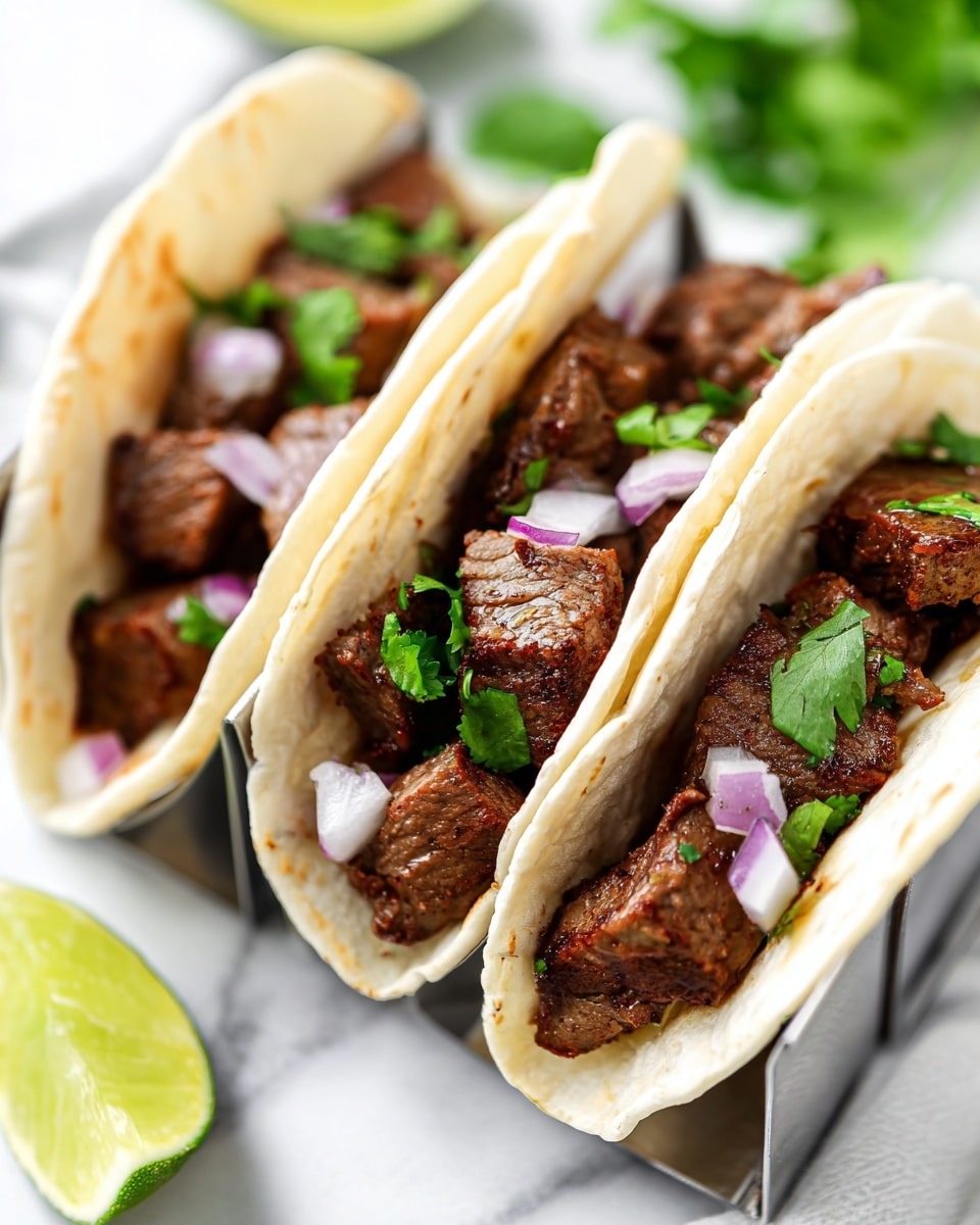 The image shows three soft white tortillas arranged in a metal taco holder on a white marbled surface. Each tortilla holds several pieces of dark brown, juicy grilled meat with a slightly charred texture, topped with small, finely chopped light purple onion pieces scattered over the meat. Bright green fresh cilantro leaves add a pop of color on top of the meat and onions in each taco. In the blurry background, a lime wedge and more green cilantro leaves are visible, adding freshness to the scene. photo taken with an iphone --ar 4:5 --v 7