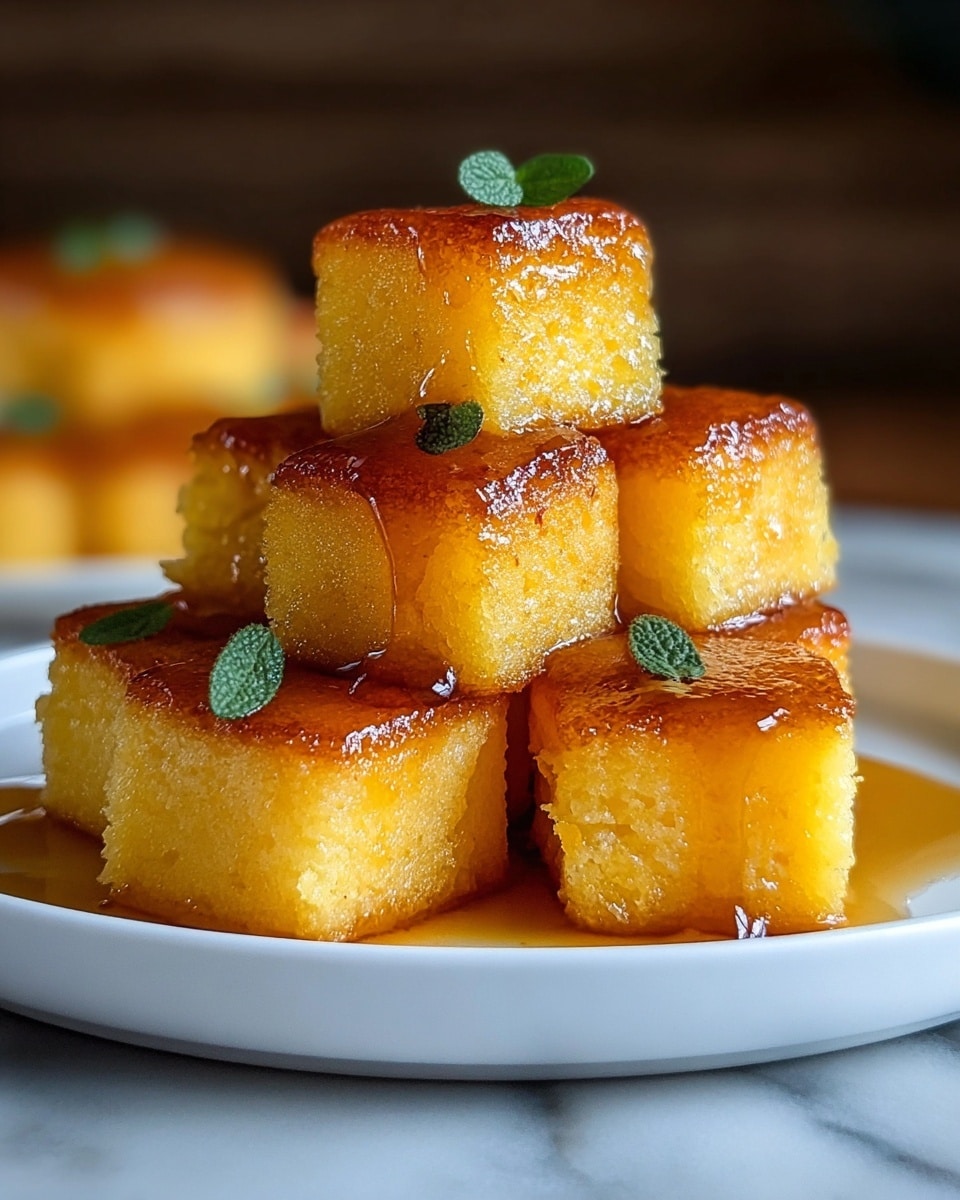 The image shows a group of small yellow cakes with a golden caramelized crust on their edges, stacked in a pile on a white plate. There are two layers visible in the stack: the bottom layer consists of whole cakes with a shiny, slightly crispy outer texture, and the top layer has one cake with a bite taken out, revealing a soft, moist, crumbly interior. A clear syrup is being poured over the cakes, making them glisten and adding a sticky texture on top. Small green herb leaves are scattered on and around the cakes, adding contrast to the warm colors. The background is a white marbled texture. photo taken with an iphone --ar 4:5 --v 7