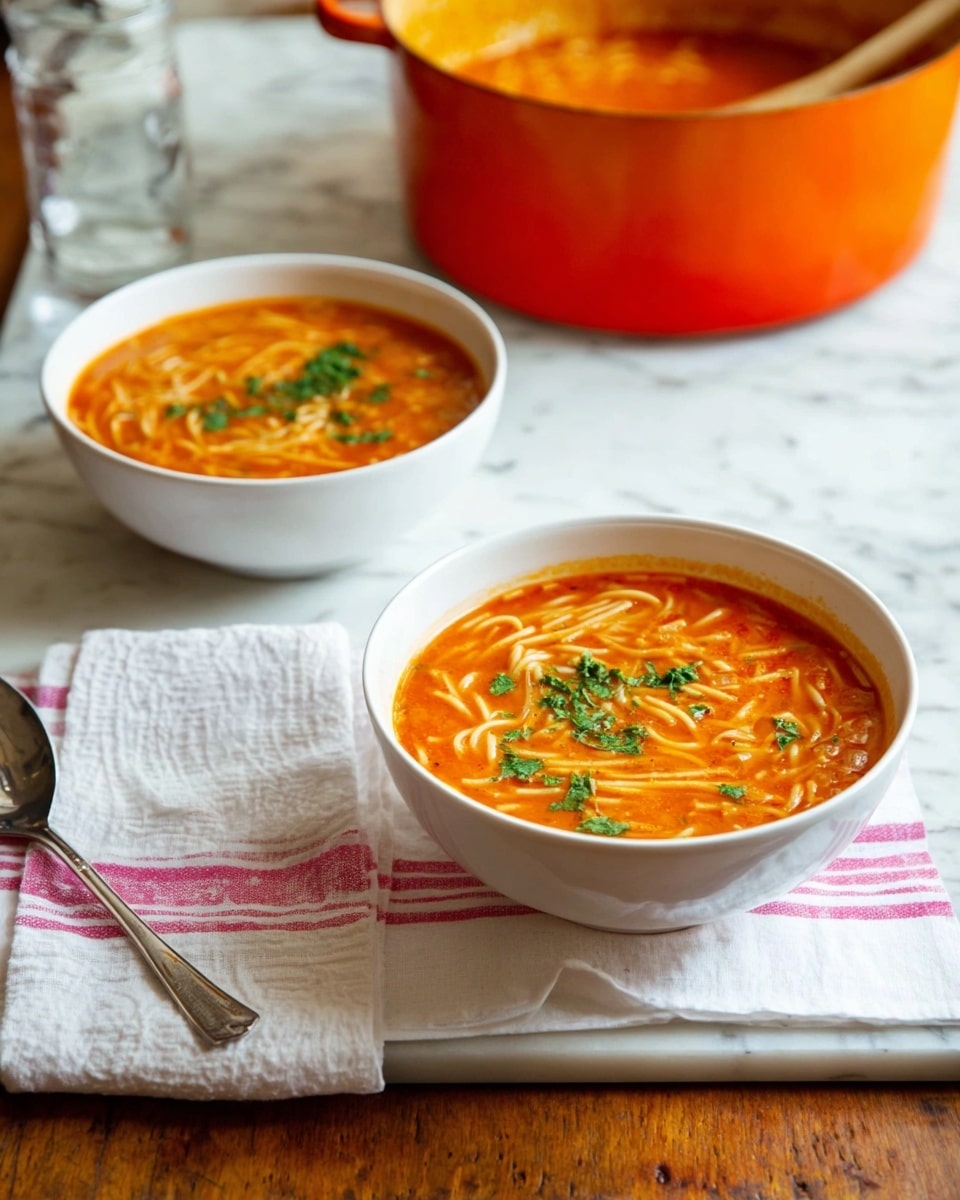 Two white bowls sit on a white marbled surface, each filled with orange-red broth soup with thin pasta noodles floating inside. The soup's texture looks smooth and slightly thick, topped with small green herb pieces scattered on top. In the background, there is a large orange pot with a spoon inside, resting on a white cloth with pink stripes. Next to the front bowl, a silver spoon lies on a folded white napkin with pink stripes, adding a neat touch to the setting. photo taken with an iphone --ar 4:5 --v 7