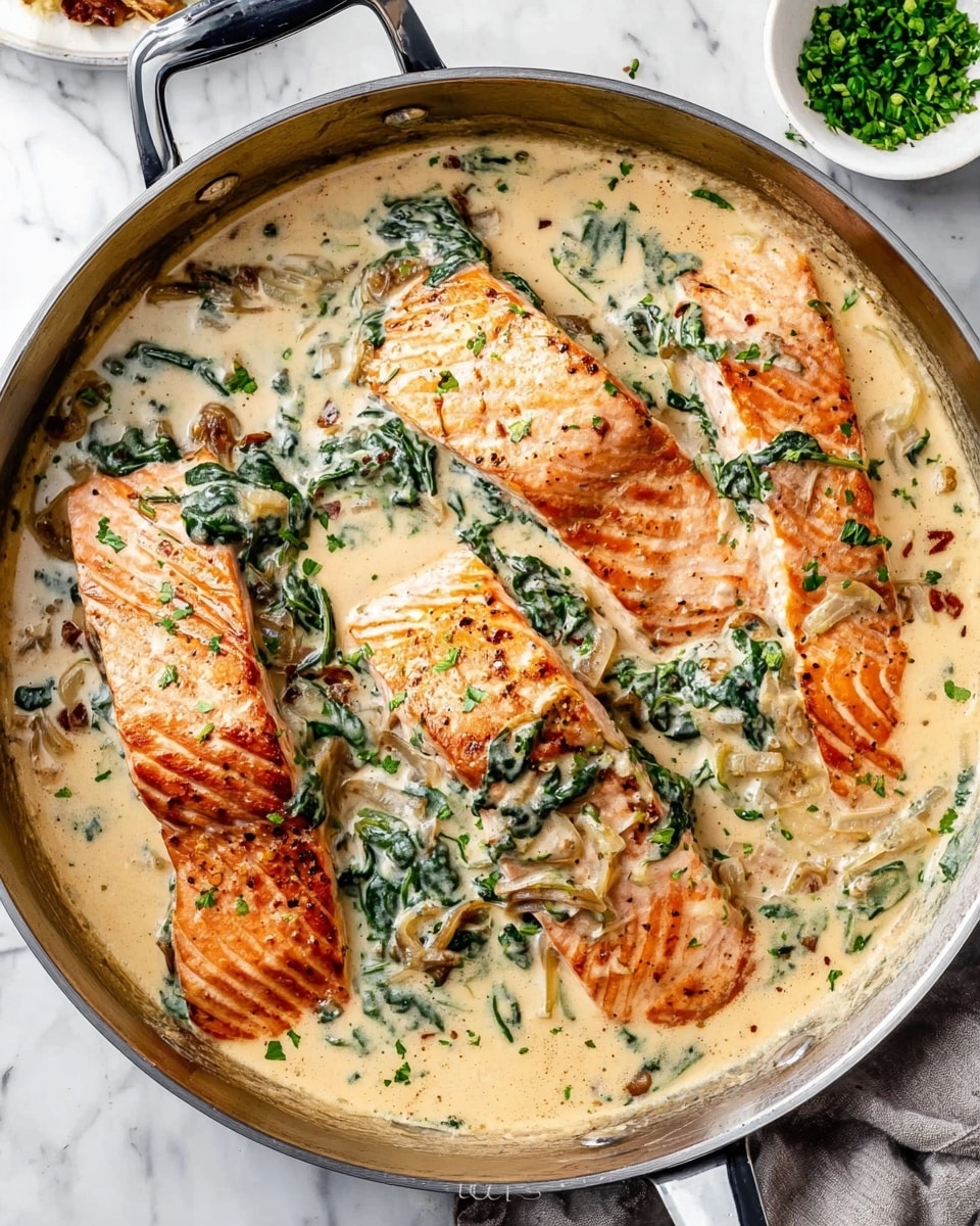 The image shows two cooked chicken breasts in a creamy white sauce with green herbs and small bits of red, possibly peppers or tomatoes. The chicken breasts are golden brown with a slightly crispy outside, sitting in a smooth, thick sauce with visible green leafy herbs on top and around them. A silver spoon held by a woman's hand is scooping some of the sauce. The background is a white marbled texture. Photo taken with an iphone --ar 4:5 --v 7
