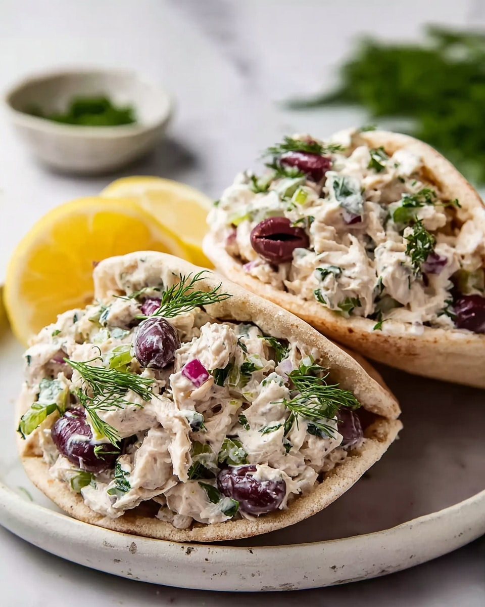 A white plate with a blue dotted rim holds a creamy salad made of shredded white chicken mixed with small chopped pieces of light green celery and pale purple radish, all coated in a white dressing speckled with black pepper. Fresh green dill leaves are sprinkled throughout the salad, adding flecks of green on top. A gold spoon is resting on the left edge of the plate. In the background, there are lemon wedges on a wooden board, some green dill sprigs, a white bowl with a blue rim containing sour cream or yogurt, and part of a blue cloth on a white marbled surface. photo taken with an iphone --ar 4:5 --v 7