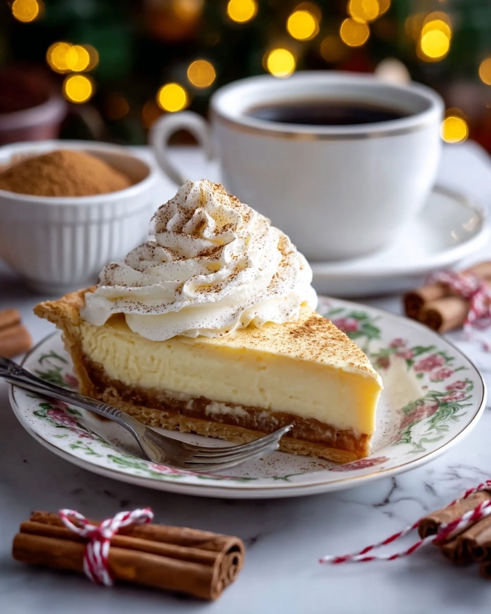 A slice of creamy pie with three layers is served on a white plate with floral patterns. The bottom layer is a golden-brown crust, the middle layer is a smooth pale yellow filling, and the top layer is lightly browned. On top, there is a swirl of white whipped cream dusted with light brown powder. A silver fork rests on the right side of the plate. In the background, a white cup and saucer hold dark coffee, and a small white bowl filled with a brown powder sits to the left. Some cinnamon sticks tied with red and white string are to the right on a white marbled surface, with blurred warm yellow lights behind. Photo taken with an iphone --ar 4:5 --v 7