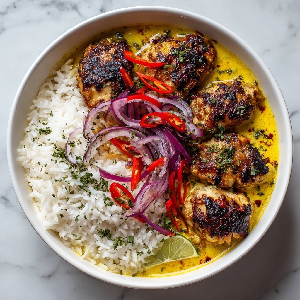A round brown bowl holds a creamy yellow curry with six golden-brown grilled chicken pieces partially submerged in the sauce, sprinkled with chopped green herbs. To one side, there is a neat mound of white rice also topped with green herbs. Near the rice, three light purple onion rings rest beside a bright green lime wedge. The bowl sits on a white marbled texture with a small portion of a white bowl of red and yellow diced vegetables visible in the top corner. photo taken with an iphone --ar 4:5 --v 7