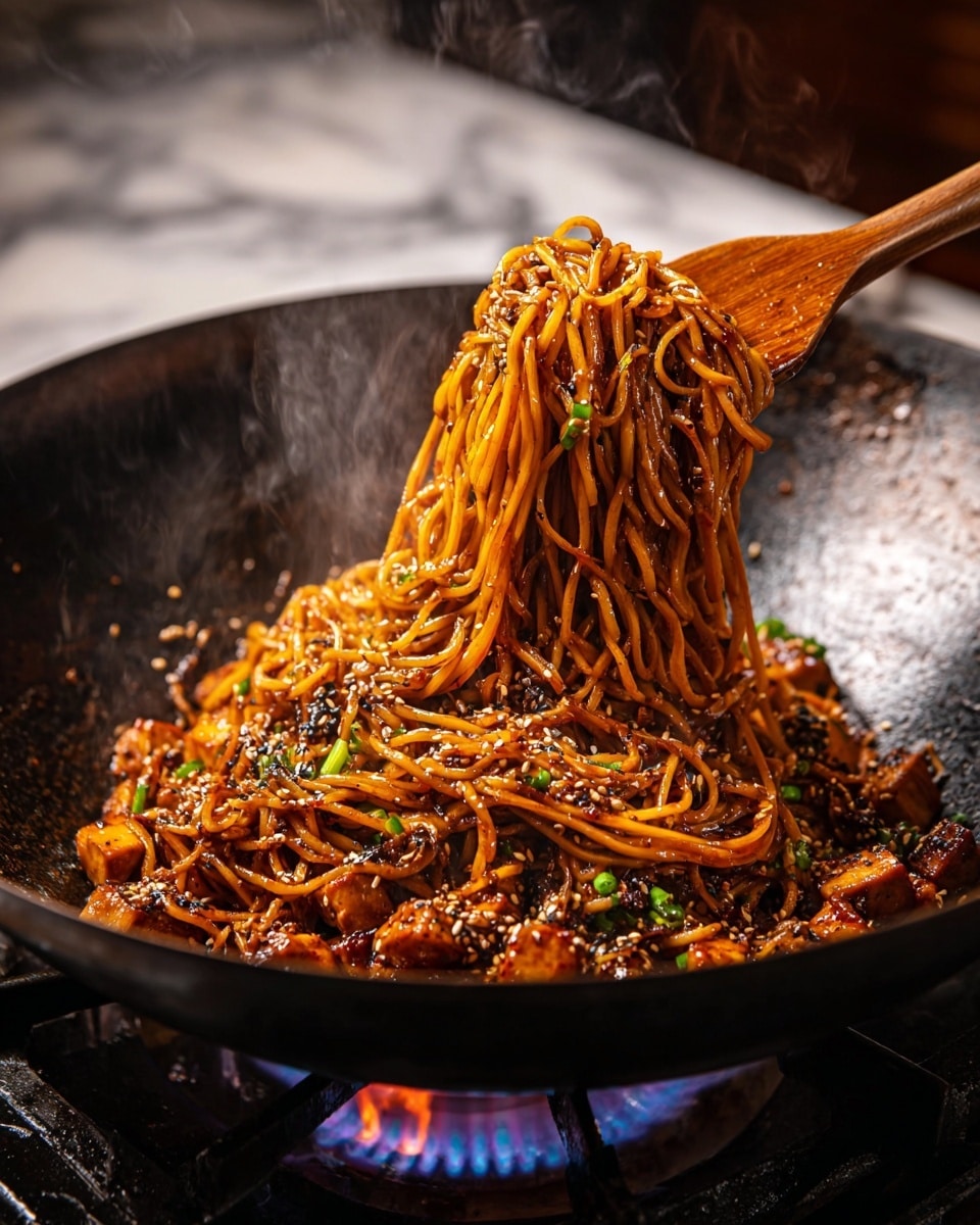 A large round bowl filled with three layers of brown noodles mixed with small pieces of dark brown cooked meat and sprinkled with white sesame seeds and chopped green onions on top; a pair of wooden chopsticks lift a portion of noodles above the bowl showing their glossy texture; the bowl sits on a beige cloth over a wooden table with scattered green onion pieces and sesame seeds around, all set against a soft brown background with blurred green plants and bowls. Photo taken with an iphone --ar 4:5 --v 7