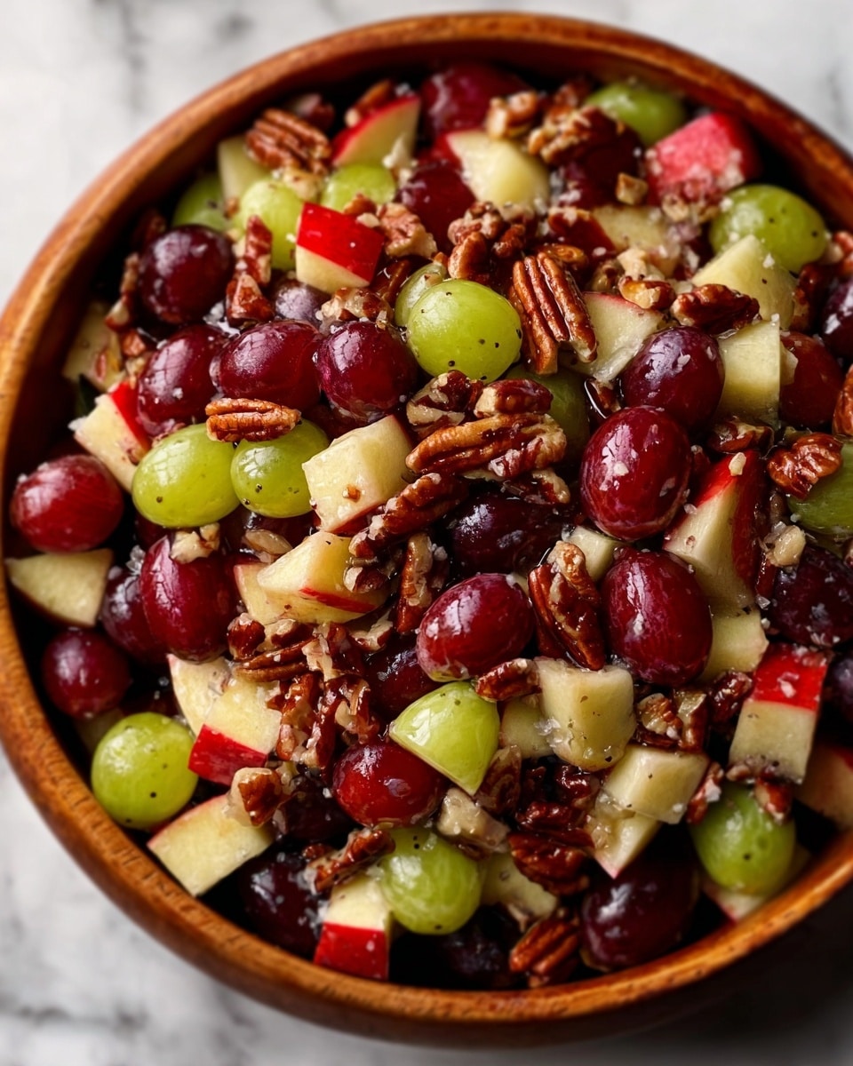 A clear glass bowl sits on a white marbled texture, filled with layers of chopped fruit and nuts arranged separately. At the top right, there are light green apple pieces with a smooth texture, next to a pile of dried, dark red cranberries slightly wrinkled. Below these, bright red and white apple chunks add color contrast. On the left side, small glossy red grapes are cut in half, and below them are whole green grapes with shiny skin. In the middle, a pile of light brown walnut pieces with rough textures completes the mix. In the top left corner on the white marbled texture, a small clear glass bowl contains creamy white dressing. A red apple lies at the top right corner, partially outside the frame, and the bottom right corner shows a green and white striped cloth. Photo taken with an iphone --ar 4:5 --v 7