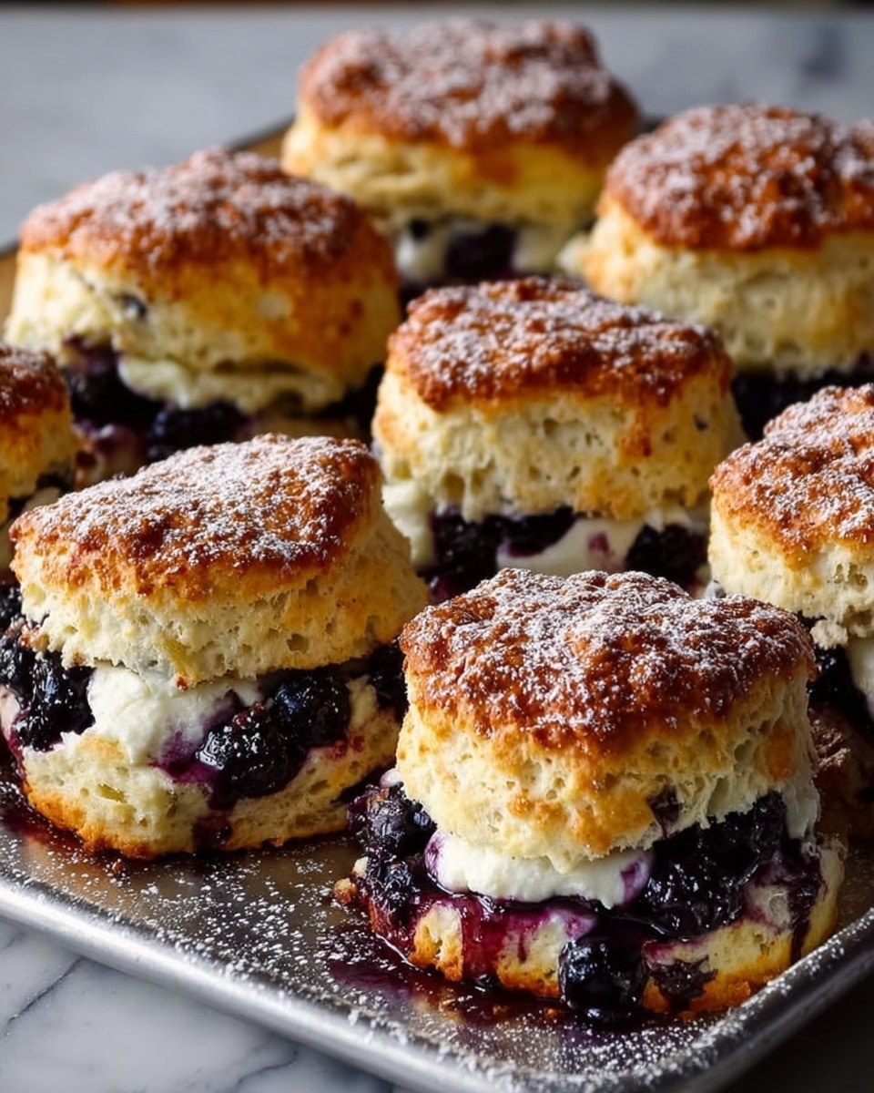 The image shows a tray filled with eight golden brown blueberry scones. Each scone has two layers: the top layer is a crispy, lightly browned crust with a textured surface dotted with a light dusting of powdered sugar. The bottom layer is thick and soft, pale cream in color, with juicy dark purple blueberries bursting out, some oozing slightly between the layers. The scones are placed on a metal tray giving a cozy, baked look, and the background is a white marbled texture. photo taken with an iphone --ar 4:5 --v 7