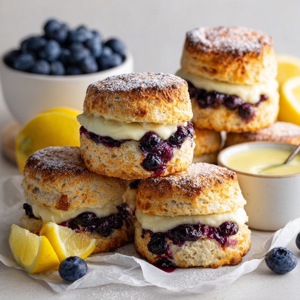 The image shows five golden brown blueberry scones arranged on a white marbled surface, each with blueberries baked inside and drizzled with a light, glossy lemon glaze. A few loose blueberries are scattered around the scones, adding deep blue contrast to the warm scone colors. There are lemon wedges placed near the scones, contributing bright yellow tones. At the top left, there is a white bowl filled with fresh blueberries, and below it is a white bowl with a smooth lemon glaze and a spoon resting inside. The scene is bright, with a clean, fresh look. Photo taken with an iphone --ar 4:5 --v 7