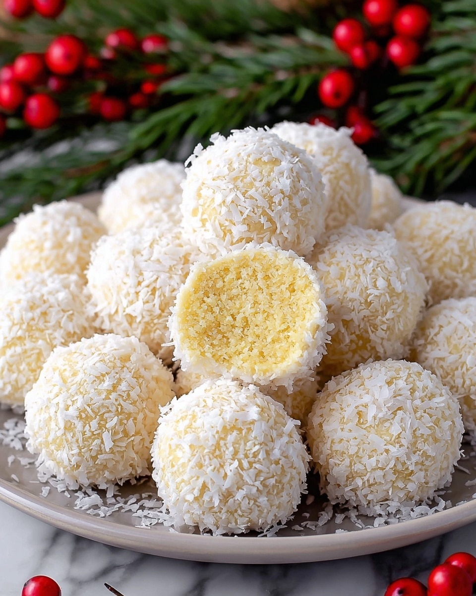 A black round plate filled with about thirty small round dessert balls, each covered in white shredded coconut, showing a light yellow base beneath the coconut layer. The balls are stacked closely in layers, filling the plate fully. Around the plate are several brown pine cones and a Christmas-themed cloth with green leaves and red berries, all placed on a white marbled surface. Photo taken with an iphone --ar 4:5 --v 7