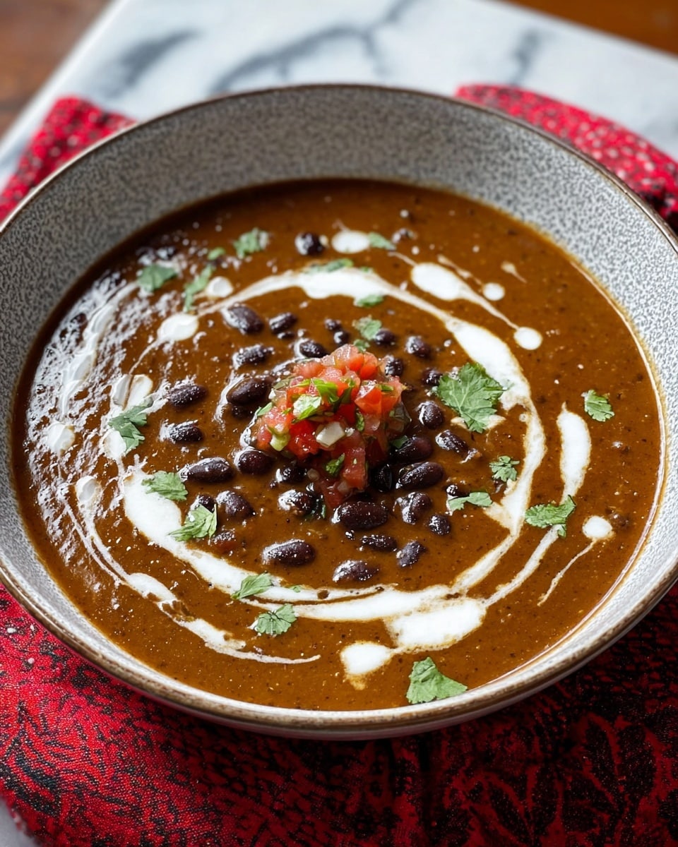 A close-up view of a bowl filled with a thick brown soup that has visible whole black beans mixed in, creating texture. The soup is decorated with swirls of white cream spread lightly on top, and small green cilantro leaves scattered over it. At the center, there is a small dollop of cream with finely chopped red tomatoes and green herbs. The bowl is white with a textured grey rim, placed on a red patterned cloth on a white marbled surface. Photo taken with an iphone --ar 4:5 --v 7