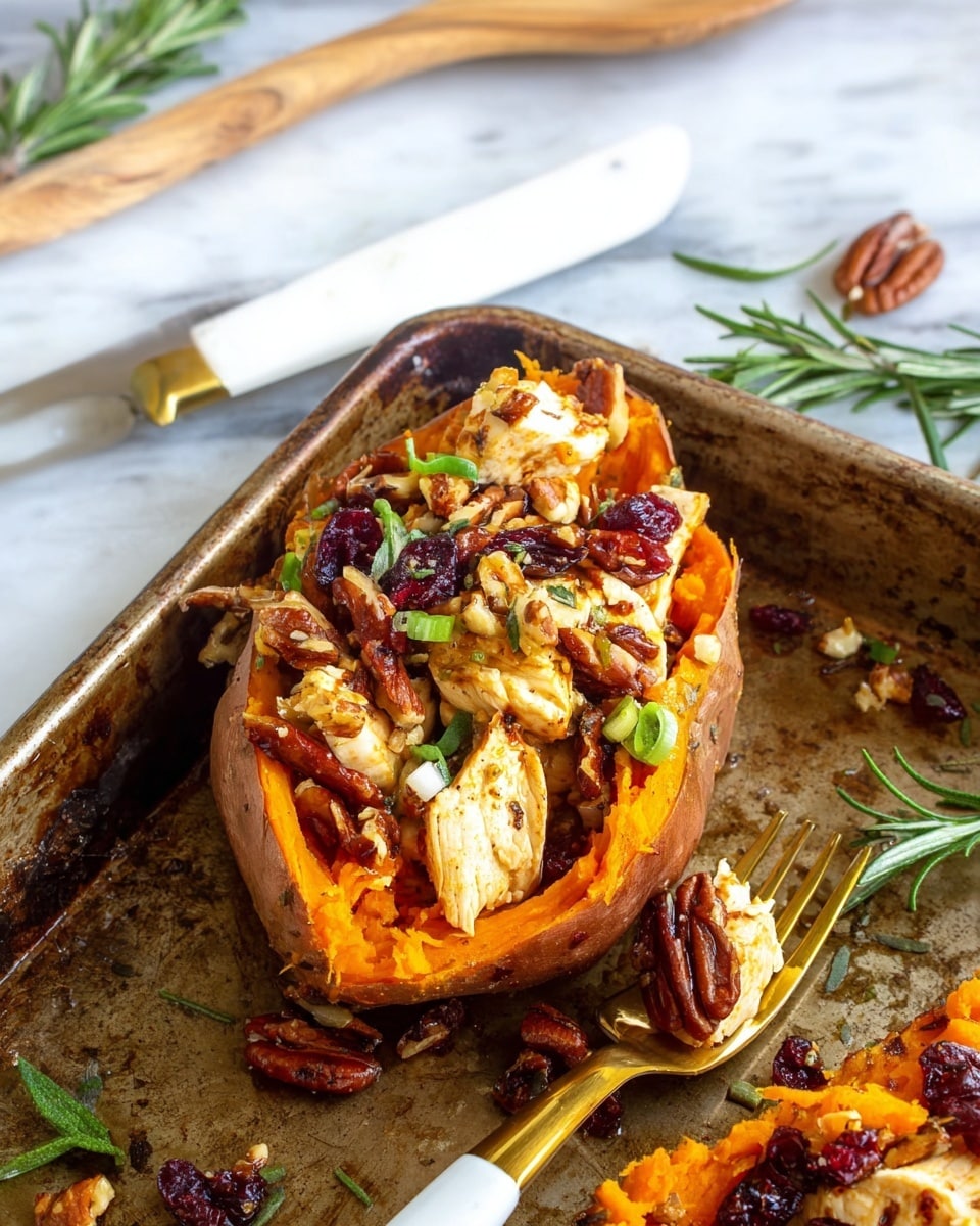 A roasted sweet potato is cut open and filled with three main layers: the bottom layer is bright orange soft sweet potato flesh, the middle layer consists of golden-brown cooked chicken pieces, and the top layer is mixed with toasted pecans, dark red dried cranberries, and chopped green onions. The filling is garnished with fresh green rosemary sprigs. The sweet potato sits in a rustic, well-used metal baking tray, with a gold fork inserted into the filling and a white knife resting nearby. The background is a white marbled texture with a wooden spoon and some rosemary scattered around. Photo taken with an iphone --ar 4:5 --v 7