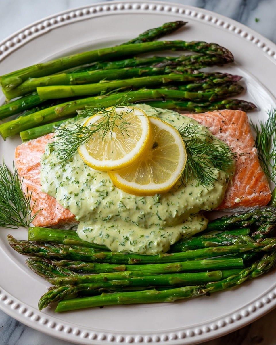 A white plate holds a piece of cooked pink salmon topped with a pale green creamy sauce that looks smooth with small herb bits, garnished with a small sprig of dill. A silver fork is pressing into the salmon’s flaky texture. Behind the salmon is a slice of yellow lemon showing its juicy, textured surface. In front of the salmon, there is a neat row of bright green asparagus spears with a slight shine, showing light grill marks. The plate is set on a white marbled surface with a blurred green cloth under the edge of the plate, photo taken with an iphone --ar 4:5 --v 7