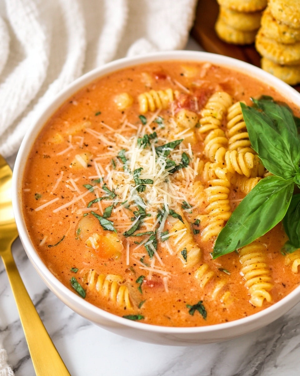 A white bowl filled with a creamy orange tomato soup base with visible small pieces of tomato and green herbs mixed in. The soup contains spiral pasta that is light yellow and soft. On top of the soup is a layer of shredded white cheese sprinkled with chopped green herbs. To the right, there are several golden-yellow crispy croutons stacked with a fresh green basil leaf resting on them. In the background, part of a golden spoon and white cloth napkin are visible on a white marbled surface. Photo taken with an iphone --ar 4:5 --v 7