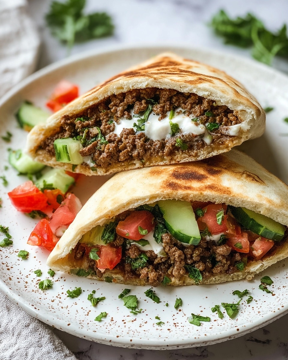 The image shows two pita bread pieces cut in half, stuffed with ground cooked beef mixed with chopped green herbs. The ground beef filling is placed in the top hollow part of the pita, which is light brown and slightly toasted with a soft texture inside. Underneath the beef, the pita holds a fresh mix of chunky red tomato slices, thick cucumber pieces, and a layer of white creamy cheese. The filling colors contrast well with the warm beige pita. The pita pieces are arranged on a white plate with subtle brown specks, and some chopped herbs are scattered around the plate. The background has a soft white marbled texture. photo taken with an iphone --ar 4:5 --v 7