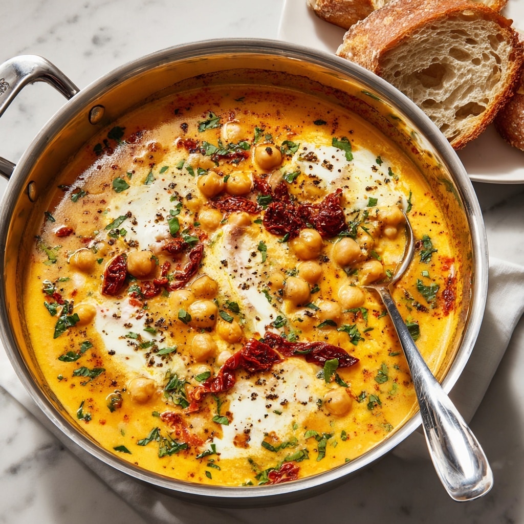 The image shows a creamy soup with three clear layers: the bottom is a light orange broth, the middle is filled with whole chickpeas that are round and beige, and the top has shredded white cheese and small pieces of green herbs scattered throughout. There are also bits of sun-dried red tomatoes floating in the soup, adding splashes of dark red color. The soup is in a white bowl placed on a white marbled surface, with a shiny silver spoon resting on the right side inside the bowl. The textures vary from smooth creamy liquid to soft chickpeas and slightly melted cheese. Photo taken with an iphone --ar 4:5 --v 7
