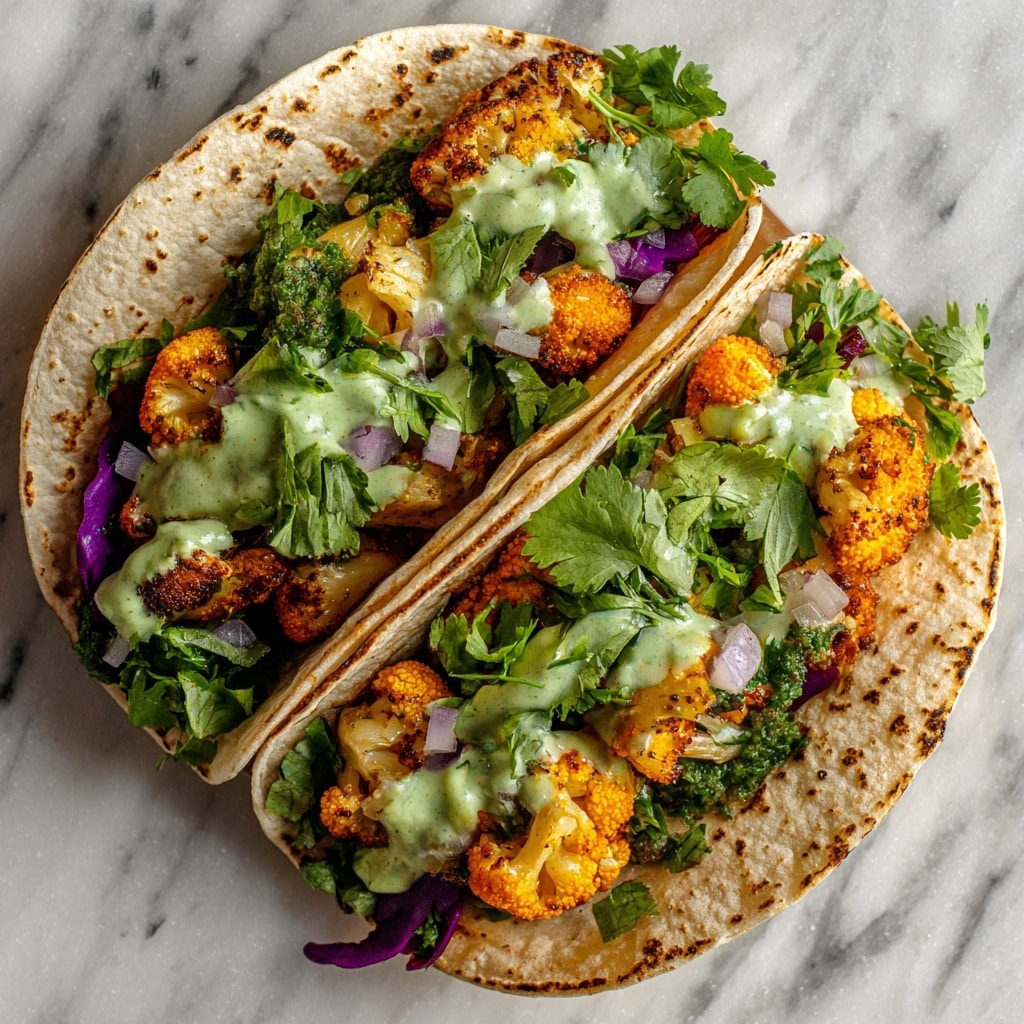 Two tacos are filled with three main layers each: the first layer is soft, white corn tortillas with slight charring and a rough texture. The second layer consists of bright orange roasted cauliflower pieces with a slightly crispy surface. The third layer includes small chunks of fresh green cilantro leaves and thin slices of purple onion scattered throughout. Light green creamy sauce with visible herb bits is drizzled over the top, adding a smooth texture contrast. The tacos rest on a white marbled textured surface. Photo taken with an iphone --ar 4:5 --v 7