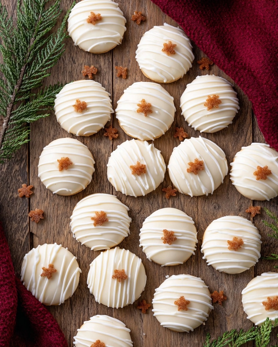 The image shows six round treats in a white bowl on a white marbled surface, each covered in smooth white icing with thin, wavy lines wrapped around them, giving a textured look. On top of each treat is a small, brown, flower-shaped decoration. One treat is cut in half and placed on top to reveal a soft, crumbly light brown inside layer beneath the white icing. Photo taken with an iphone --ar 4:5 --v 7