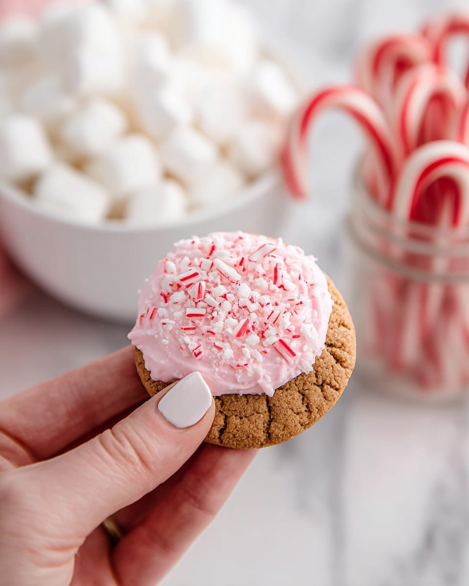 The image shows a white bowl filled with a thick, creamy pink mixture that almost overflows the top. The pink cream has a smooth and slightly swirled texture, sprinkled generously with crushed red and white peppermint candy pieces focusing on the center surface. The bowl has a hexagonal pattern on its outer side. In the background, there are white marshmallows in a white bowl and whole candy canes in a clear glass jar. A white and red striped cloth is partially visible in the lower left corner, and a few candy canes lie on the white marbled surface near the bowl. photo taken with an iphone --ar 4:5 --v 7