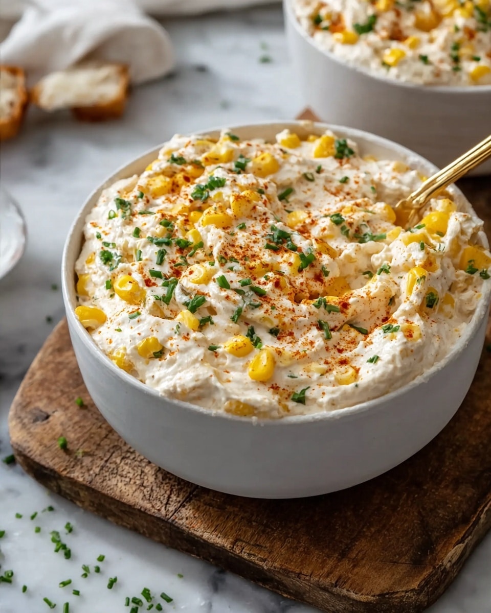 A white bowl filled with a thick, creamy white dip that has a textured surface, topped with small, uneven golden yellow chunks scattered across the top. The dip is sprinkled with small green herb pieces and a light dusting of orange-red spice powder. The bowl sits on a wooden board with a soft, light gray cloth nearby and a blurred yellow banana in the background, all placed on a white marbled surface. photo taken with an iphone --ar 4:5 --v 7