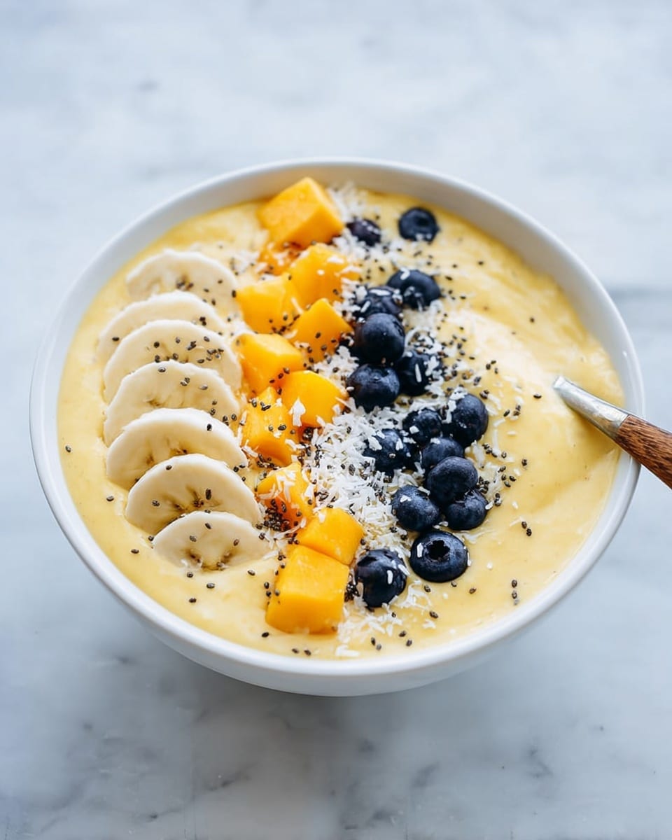 A white bowl filled with a smooth, creamy yellow smoothie base, topped with five curved slices of light yellow banana placed along one side. Next to the banana slices, there are small, bright orange mango cubes and several plump, dark blue blueberries scattered on top. A narrow stripe of shredded white coconut flakes runs parallel to the fruit, alongside a line of tiny black chia seeds. A spoon with a wooden handle rests inside the bowl on the right side. The bowl is placed on a white marbled surface with a textured gray and white towel nearby. Photo taken with an iphone --ar 4:5 --v 7