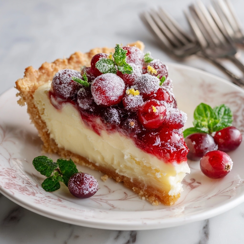 A slice of pie with three visible layers sits on a white plate with subtle floral patterns. The bottom layer is a light golden crust with a slightly crisp texture around the edges. Above that is a thick, creamy custard layer in pale yellow, smooth and firm. The top layer is a bright red, glossy cranberry topping covered with frosted sugared cranberries and fresh red grapes, garnished with tiny green mint leaves and small bits of orange zest. A few fresh cranberries and green mint leaves are placed on the plate beside the pie. The background features a white marbled texture, with two silver forks blurred softly in the top right. photo taken with an iphone --ar 4:5 --v 7
