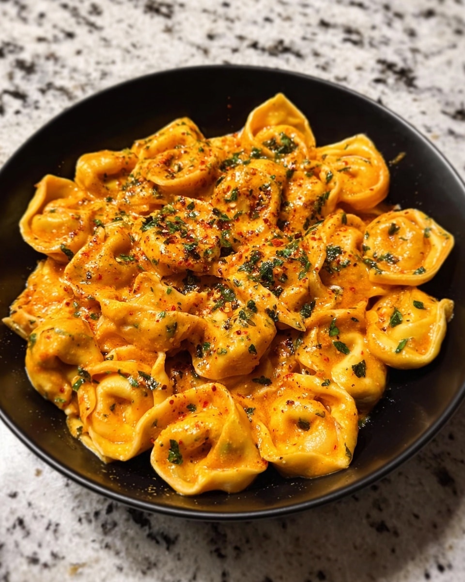 A black bowl filled with about two layers of tortellini pasta covered in orange creamy sauce mixed with herbs, spices, and small green parsley pieces sprinkled all over the top, with a slightly glossy and smooth texture showing on the sauce, sitting on a white marbled surface. Photo taken with an iphone --ar 4:5 --v 7