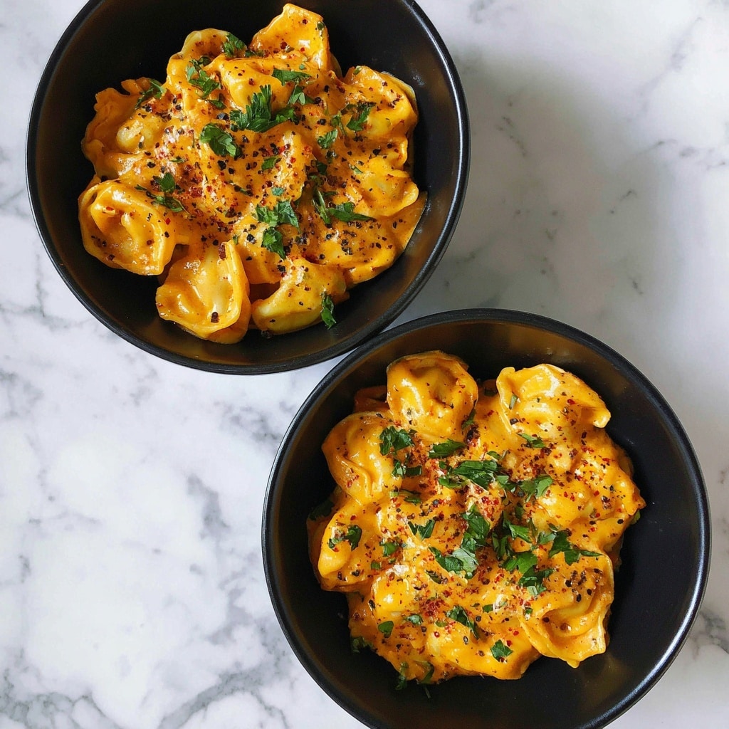 The image shows a round white bowl filled with about twenty pieces of tortellini pasta. The tortellini are golden yellow with a smooth, slightly shiny texture, covered with a light coating of oil or sauce. Each piece is stuffed and folded into a ring shape. On top, there are small sprinkles of red chili flakes evenly spread, along with tiny bits of green herbs for color contrast. The background surface is a white marbled texture. A woman's hand holding a silver fork is visible on the left side of the bowl. Photo taken with an iphone --ar 4:5 --v 7