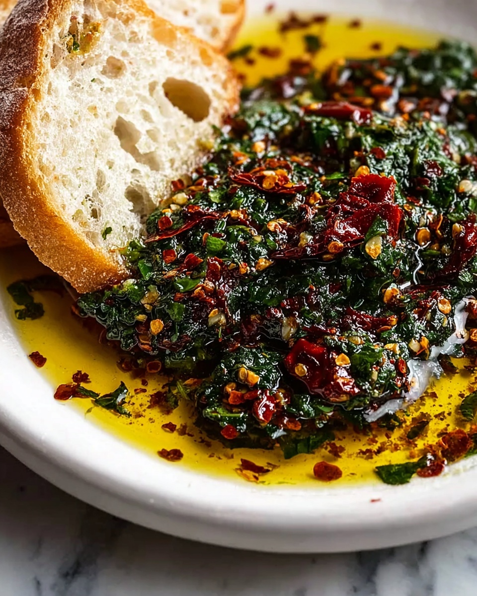 The image shows a white plate filled with a mixture of oil and herbs, creating a glossy, colorful base. On top, there is a layer of finely chopped green herbs and small garlic pieces mixed with dry red chili flakes, adding texture and vibrant green and red colors. A piece of crusty bread with a light brown, airy crumb is partially soaked in the herb and oil mixture, showing its porous texture. The surface underneath the plate has a white marbled texture. Photo taken with an iphone --ar 4:5 --v 7
