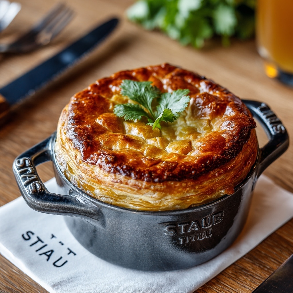 A small round pie with a golden brown, flaky crust is shown in a white Staub cocotte dish, with crimped edges and a raised letter pattern on top. The pie has a partial bite revealing a dark brown mushroom filling inside. A woman's hand holding a small spoon is lifting a portion from the pie. There is a small green cilantro leaf garnish on top of the crust. The dish sits on a wooden table with a white marbled texture, and some blurred green lettuce is at the back. photo taken with an iphone --ar 4:5 --v 7