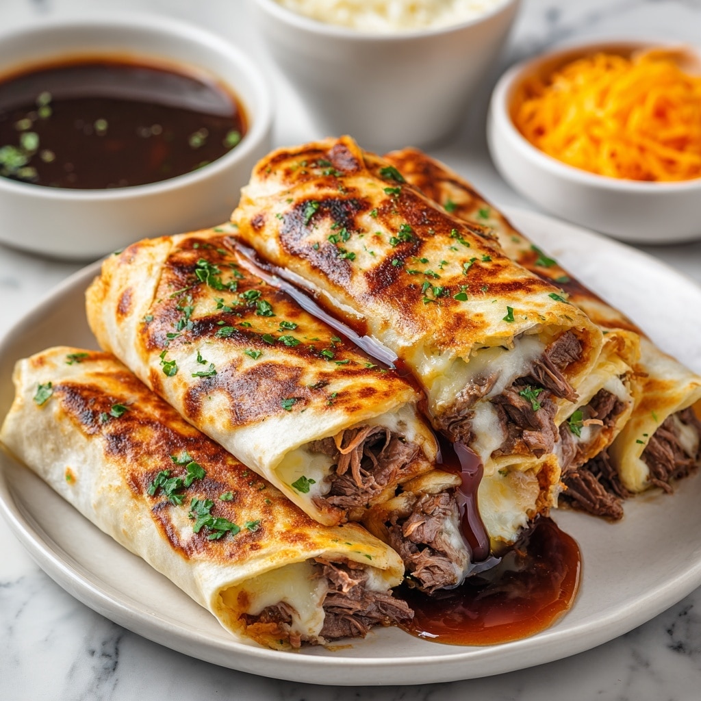 A plate holds four browned, grilled wraps stacked close together, each wrap showing melted white cheese and tender shredded brown beef spilling out from the open ends, with dark brown sauce dripping slightly from inside. The wraps have a golden, slightly charred surface sprinkled with small green herbs. Behind the plate, there is a white bowl filled with dark brown dipping sauce and another white bowl with shredded orange cheese. The whole scene is set on a white marbled surface. photo taken with an iphone --ar 4:5 --v 7