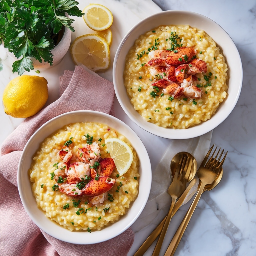 Two white bowls filled with creamy risotto that has a light brown color and soft texture, each topped with several small pieces of cooked lobster meat in bright red and white hues, and garnished with finely chopped green herbs. A thin lemon slice rests on the edge of the lobster on the risotto in the front bowl. The bowls sit on a white marbled surface next to a pink cloth, with some lemon slices, green plant leaves in a white pot, and golden forks placed around them. The scene is brightly lit with natural light. photo taken with an iphone --ar 4:5 --v 7