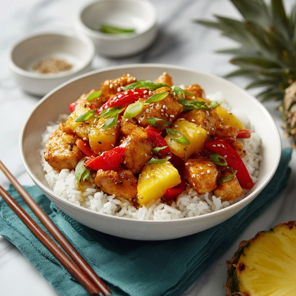 A white bowl filled with a base layer of fluffy white rice, topped with a colorful mix of cubed chicken pieces, bright yellow pineapple chunks, and red bell pepper pieces, all coated in a glistening sauce. The dish is garnished with small slices of green scallions and a few sesame seeds. Near the bowl, a pair of brown wooden chopsticks lies on a teal cloth on a white marbled surface, with a fresh pineapple wedge partially visible on the right side. In the background, blurred white bowls contain the same dish. photo taken with an iphone --ar 4:5 --v 7