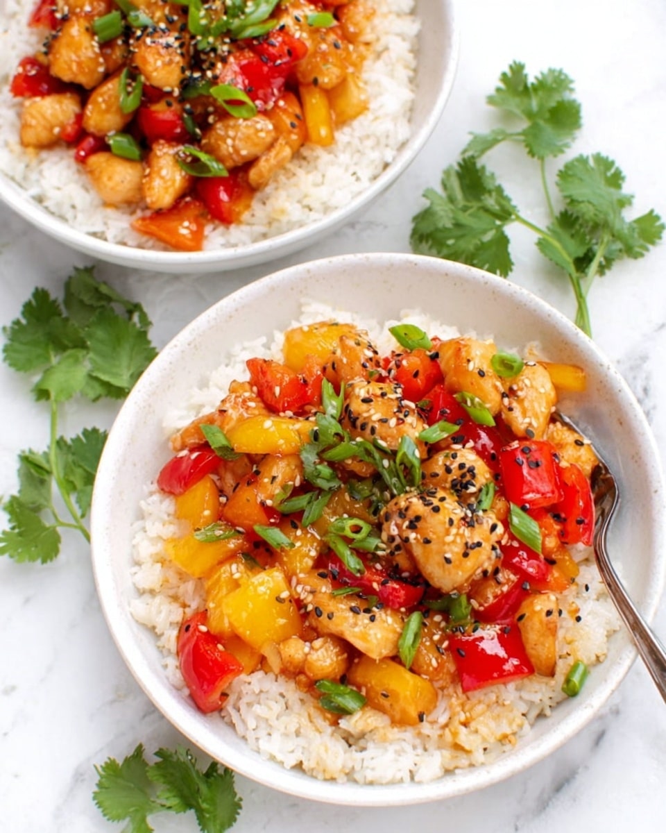 Two white bowls each filled with fluffy white rice as the bottom layer, topped with colorful poultry chunks, bright red and yellow bell peppers, green scallions, and sprinkled with black and white sesame seeds. The vegetables and chicken have a glistening texture from a light sauce, and fresh green cilantro leaves are placed nearby on the white marbled surface. A silver fork rests partly on the edge of the lower bowl, adding a simple touch to the clean and fresh presentation. Photo taken with an iphone --ar 4:5 --v 7