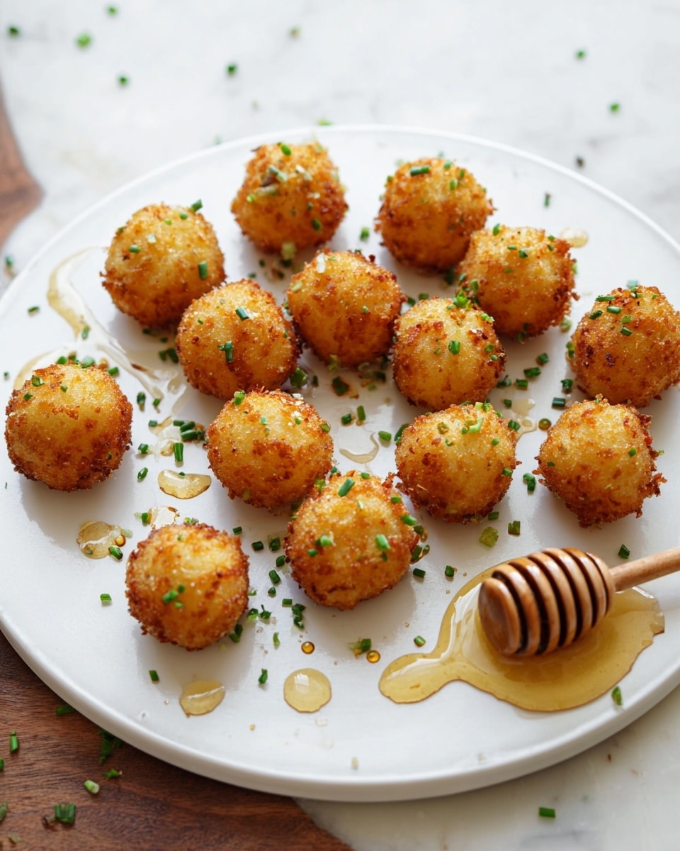 The image shows small, round, golden-brown fried balls arranged in neat lines on a white marbled surface. Each ball has a crispy textured outer layer with a glossy finish from a light drizzle of honey or syrup pooled beneath them. One ball near the center is broken open, revealing a soft, creamy white filling inside. Bright green finely chopped herbs are sprinkled on top and around the balls, adding a fresh contrast to the warm colors. The scene is close-up, with soft lighting highlighting the crispiness and glossy syrup. Photo taken with an iphone --ar 4:5 --v 7