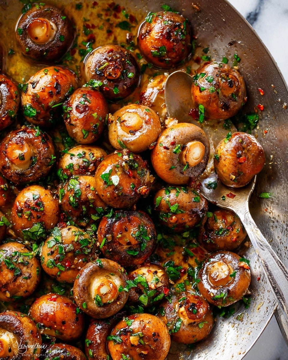 A close-up view of cooked mushrooms arranged in a white bowl, each mushroom with a glistening brown, slightly charred surface and a white stem. The mushrooms are coated with a shiny glaze of oil and sprinkled with finely chopped green herbs and red chili flakes, adding texture and color contrast. The background shows a soft white marbled texture, emphasizing the rich, warm tones of the mushrooms. The mushrooms are piled in layers, filling the bowl evenly, creating a fresh and savory appearance. Photo taken with an iphone --ar 4:5 --v 7