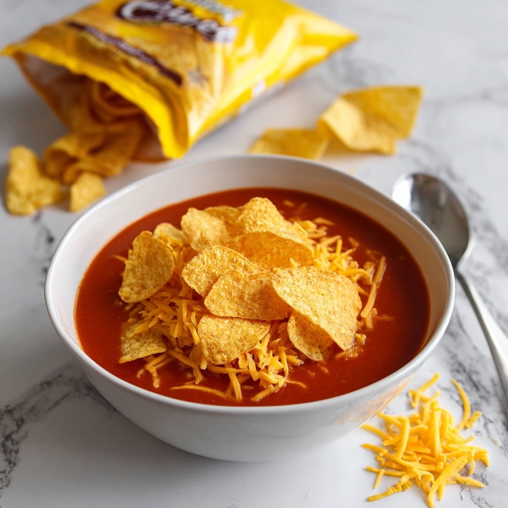A white bowl filled with three visible layers: the bottom layer is a smooth, rich red soup base, the middle layer is a pile of shredded light yellow cheese, and the top layer is a generous amount of golden brown, crispy tortilla chips with a slight sprinkle of seasoning. The bowl sits on a white marbled surface, with a blurred white bag of tortilla chips in the background and some shredded cheese on the right side, close to the bowl. photo taken with an iphone --ar 4:5 --v 7