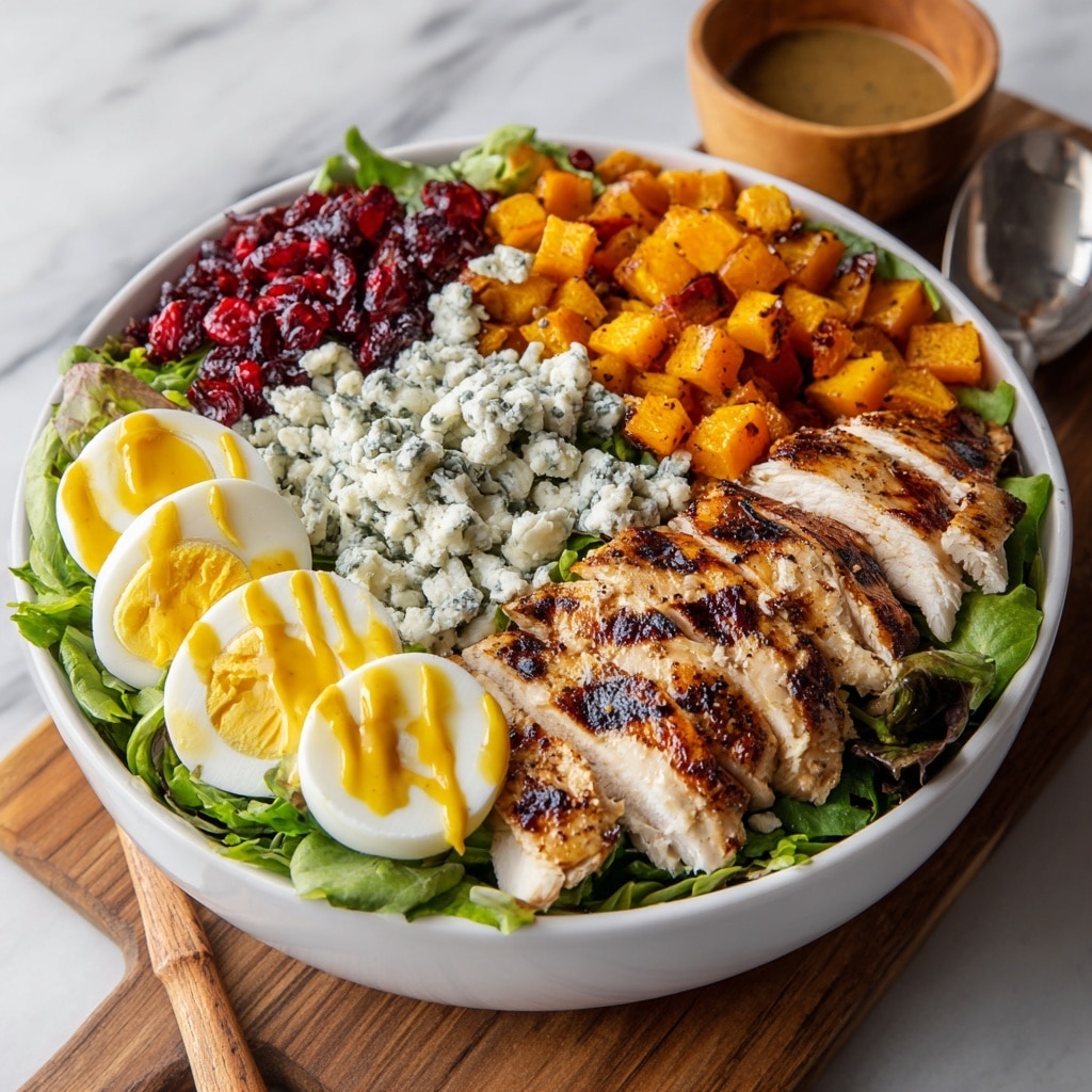 A round white plate is filled with a colorful salad arranged in six sections on a bed of green leaf lettuce. Starting from the top left, there are slices of cooked chicken breast with a golden-brown, slightly crispy skin. Next to it is a small pile of crispy bacon pieces with a dark brown color. To the right, quartered hard-boiled egg halves show their white and bright yellow yolks, garnished with small herbs. Below the eggs, there are dark caramelized pecans with a shiny glaze. At the bottom center, orange roasted sweet potato cubes add warmth to the plate. Finally, to the bottom left, cubed cooked potatoes with light seasoning complete the dish. A golden fork rests on the right side of the plate. The plate is set on a white marbled surface with a small white bowl of dressing and a golden spoon just below it. photo taken with an iphone --ar 4:5 --v 7