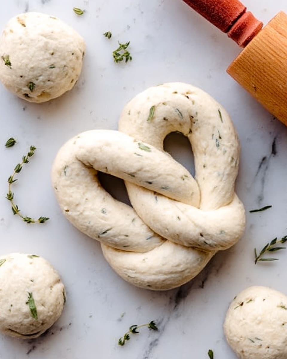 The image shows a smooth, pale dough shaped into a twisted pretzel form, placed on a white marbled surface. Surrounding the main pretzel are smaller, round dough balls with a few green herb pieces visible inside the dough, adding a touch of color and texture. At the top right corner, part of a wooden rolling pin with a red accent is visible, resting on the white marbled surface. Some small sprigs of green herbs are scattered around the dough pieces, adding subtle decoration. The overall scene is bright and clean, focused on the dough's soft texture and light color. photo taken with an iphone --ar 4:5 --v 7
