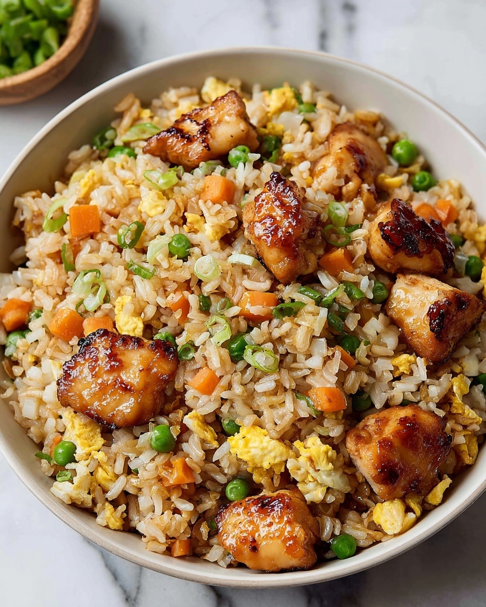 A large white pan filled with fried rice that has several layers of ingredients mixed together: the base layer is light brown cooked rice, mixed evenly with small diced orange carrots and bright green peas scattered throughout; there are medium-sized golden scrambled egg pieces layered on top and throughout; chunks of browned and glossy chicken pieces are spread evenly on the rice, giving a caramelized look; a silver spoon rests in the pan, partially buried in the rice; the pan sits on a white marbled surface with a small wooden bowl of chopped green onions and some green parsley on the side. photo taken with an iphone --ar 4:5 --v 7