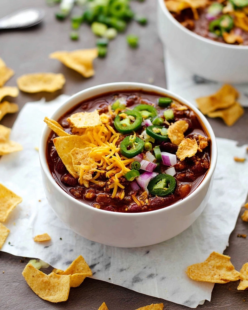 A white bowl filled with three layers: the bottom layer is thick dark red chili with visible beans and meat, the middle layer is melted shredded yellow cheese spread unevenly, and the top layer includes chopped green jalapeño slices, small pieces of red onion, green chopped scallions, and crumbled golden taco chips. The bowl is placed on a white marbled textured surface next to scattered light golden taco chips on a white paper towel. More chopped scallions and jalapeño slices can be seen blurred in the background along with a silver spoon. photo taken with an iphone --ar 4:5 --v 7