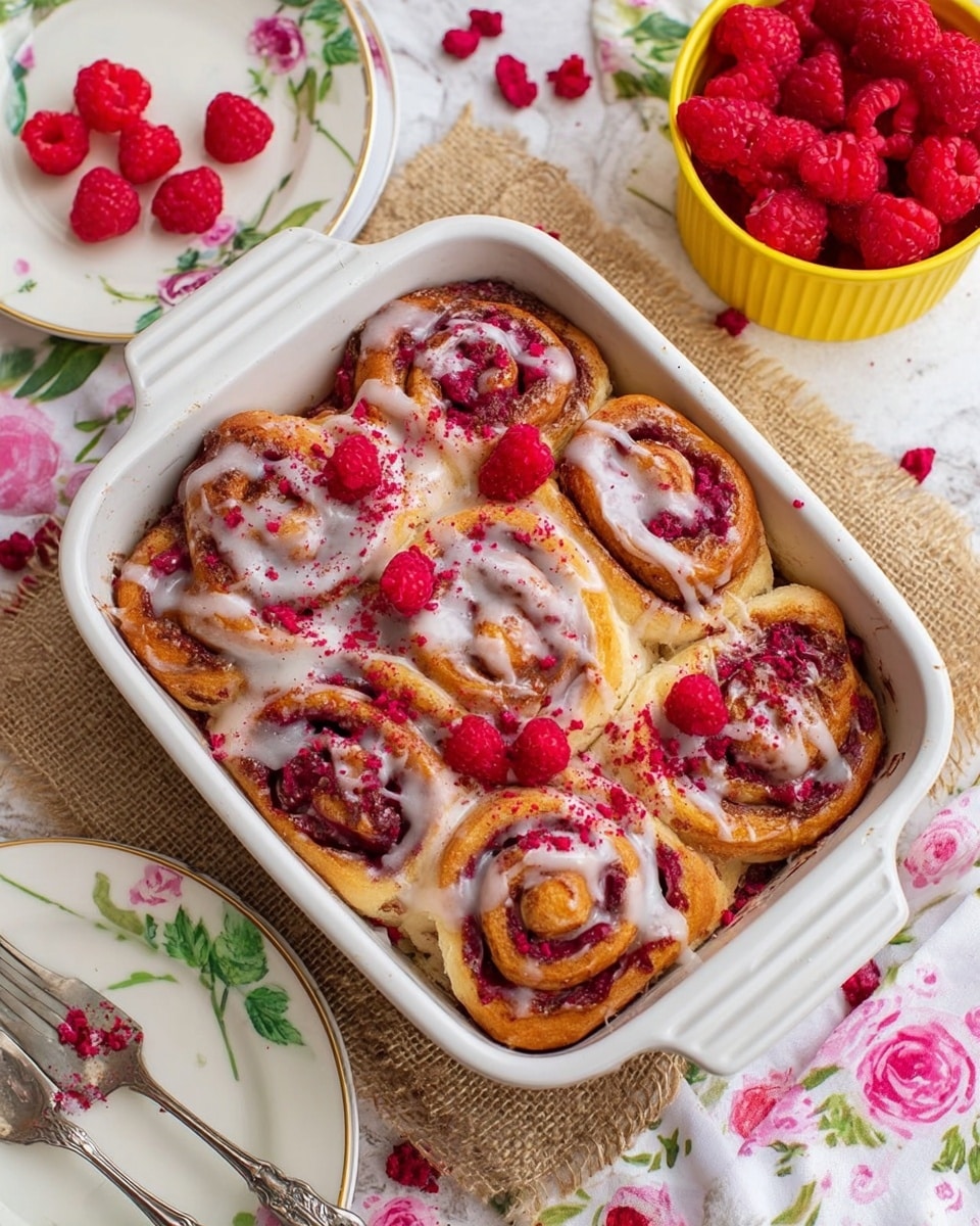 A golden-brown raspberry swirl bun sits on a piece of parchment paper over a white marbled surface, showing several visible layers of dough and bright red raspberry filling spiraled inside; the top is covered with a glossy white glaze that drips slightly over the edges, with some powdered sugar sprinkled on top; a fresh raspberry is placed next to the bun in the front, and a bright yellow rose is positioned nearby in the foreground, while a white plate with more buns and scattered raspberries is blurred in the background. Photo taken with an iphone --ar 4:5 --v 7