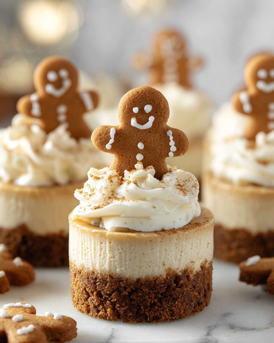 The image shows a close-up of a single cupcake with three distinct layers: the bottom layer is a crumbly, brown crust, the middle layer is a light beige cheesecake with a smooth texture, and the top layer is a swirl of creamy white whipped topping sprinkled with fine brown crumbs. A small gingerbread cookie decorated with white icing in the shape of a smiling gingerbread man stands upright in the whipped topping. In the softly blurred background, more cupcakes with similar layers and gingerbread cookies are visible, all set on a white marbled surface. photo taken with an iphone --ar 4:5 --v 7