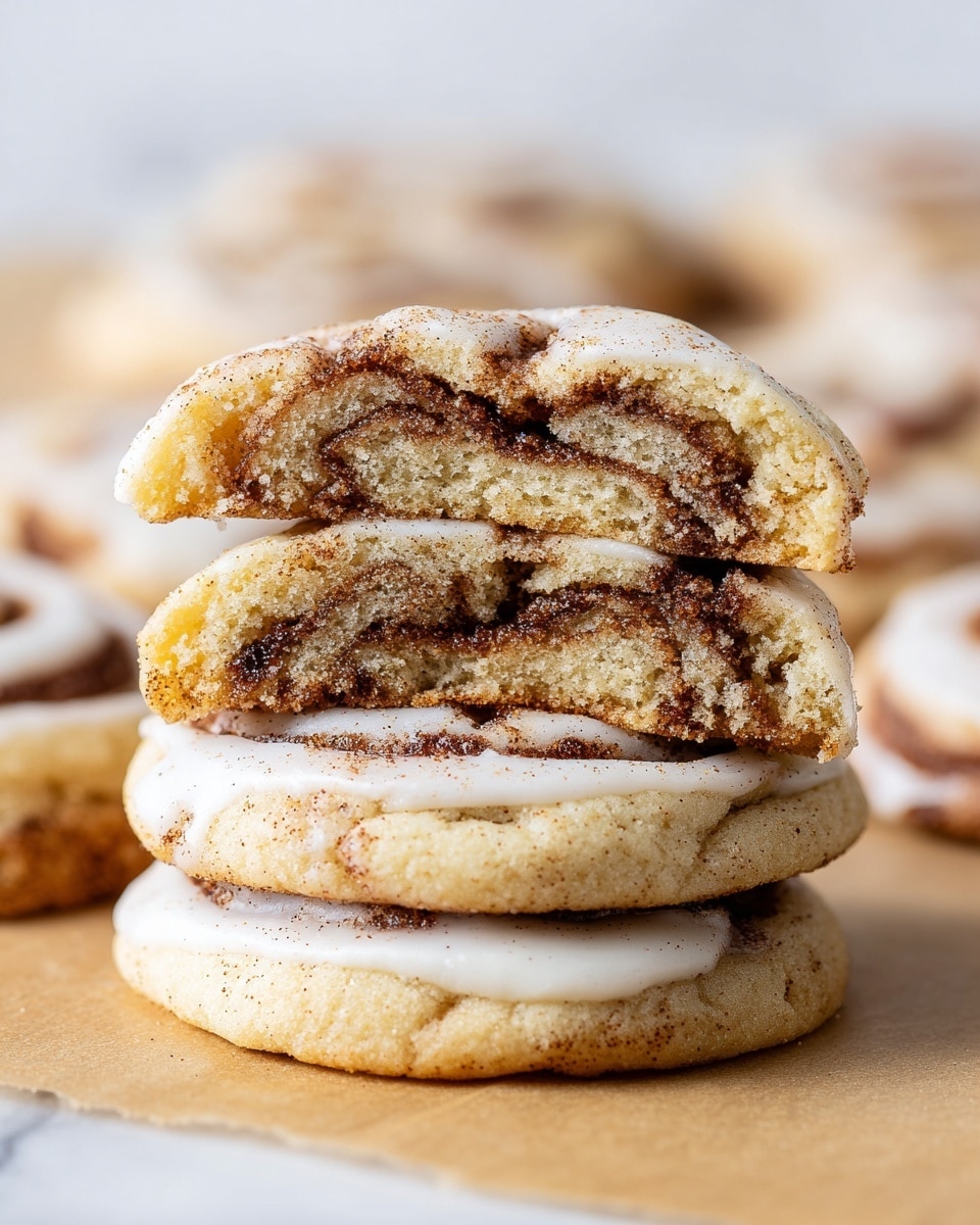 A close-up of four cinnamon rolls arranged on a white plate, each roll has a light golden-brown dough base with visible layers spiraled around a darker brown cinnamon filling, topped generously with thick, glossy white icing that drips down the sides unevenly, creating a shiny texture contrast against the soft, fluffy dough; the cinnamon rolls appear soft and slightly fluffy, with the close focus giving a warm, inviting look that highlights the detailed swirls of cinnamon and icing against a softly blurred white marbled surface in the background. photo taken with an iphone --ar 4:5 --v 7