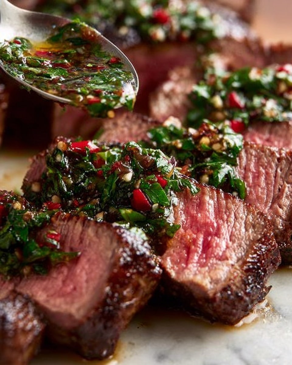 A white plate holds a sliced steak arranged in a slightly fanned-out manner, showing layers of medium-rare pink centers with dark brown grilled edges and char marks. Across the middle of the steak runs a thick, chunky green sauce with visible bits of herbs and red pepper flakes, adding texture and color contrast. To the right side of the plate, a small wooden bowl contains more of the same green sauce, with a white spoon resting inside it. The whole scene is set on a white marbled surface. photo taken with an iphone --ar 4:5 --v 7