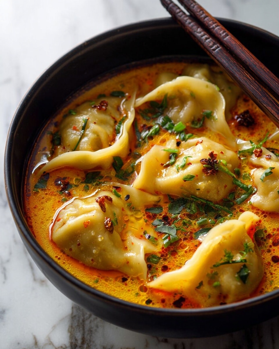 The image shows a bowl filled with five plump, folded dumplings floating in a rich, orange-colored broth that has a creamy texture with small red oil spots. The dumplings are pale yellow with smooth edges and are scattered evenly in the broth. On top of the dumplings and broth, there is a garnish of chopped green onions and small pieces of caramelized onion, adding a fresh green and golden brown color contrast. The bowl is white and round, set on a white marbled surface, with a pair of wooden chopsticks resting on the edge of the bowl. photo taken with an iphone --ar 4:5 --v 7