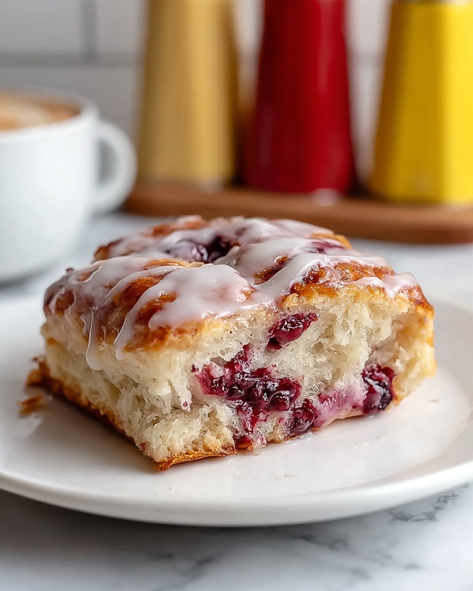 A close-up of a single square piece of cherry-filled pastry on a white plate, showing one side cut to reveal the inside. The pastry has two visible layers: the outer golden-brown crust with slightly rough texture, and the inside soft, light beige dough filled with dark red cherry pieces. A smooth, white icing glaze lightly covers the top, dribbling down the sides, adding a shiny texture. The scene is set on a white marbled surface with blurred mustard and ketchup shakers in the background. photo taken with an iphone --ar 4:5 --v 7
