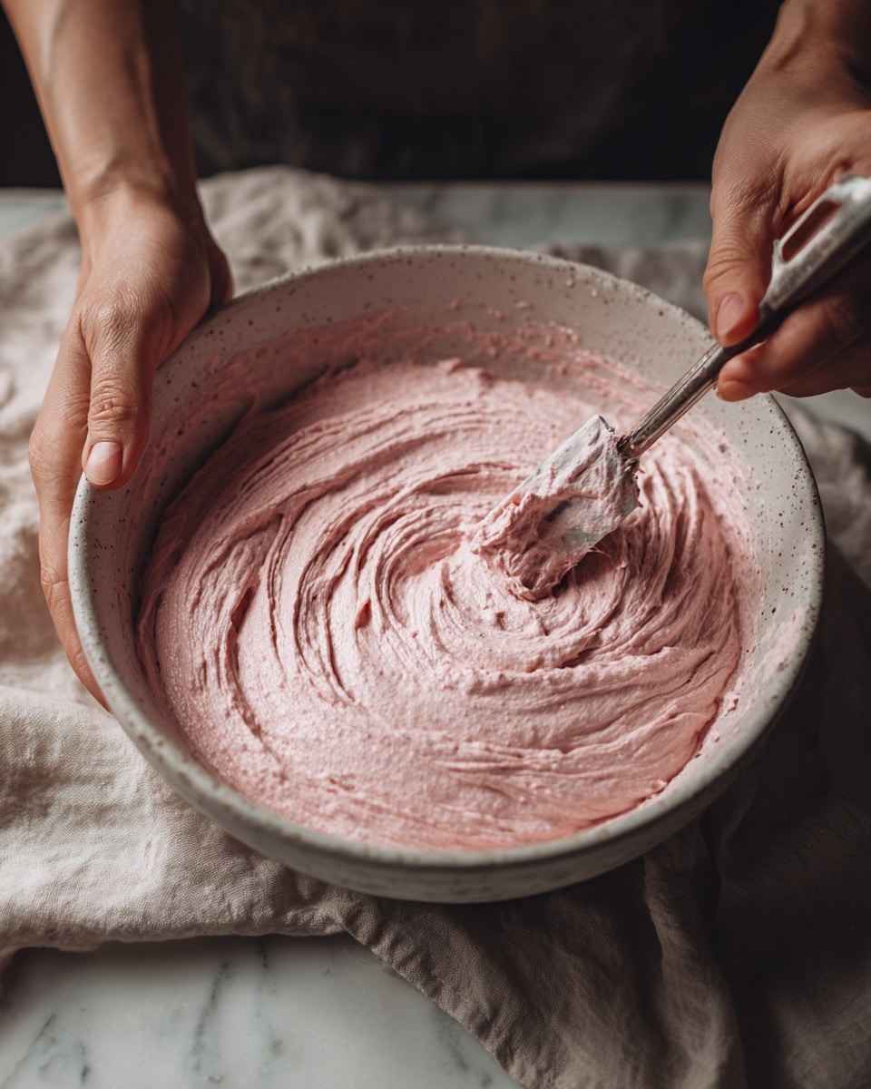 The image shows a white round plate with six small, round pink desserts arranged in a close cluster. Each dessert has a smooth texture and is topped with small bits of green leaves and pink crushed pieces for decoration. Around the desserts, there are red strawberry halves with shiny seeds visible. A gold fork lies on the left edge of the plate. The plate sits on a white marbled surface with a pale pink cloth draped on the right side and a small white bowl with pink powder in the upper left corner. Photo taken with an iphone --ar 4:5 --v 7