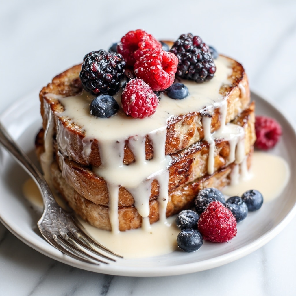 The image shows a stack of three thick French toast slices with a golden-brown crust on a white plate. The toast is covered with creamy, light beige sauce that flows down the sides and pools on the plate. On top, there are fresh berries: a red raspberry, a dark blackberry, and a dark blue blueberry, with more berries scattered around the plate. A silver fork with some sauce and toast on its tines is placed on the left side of the plate, near the stack. The plate sits on a white marbled surface, adding a clean and bright background. Photo taken with an iphone --ar 4:5 --v 7