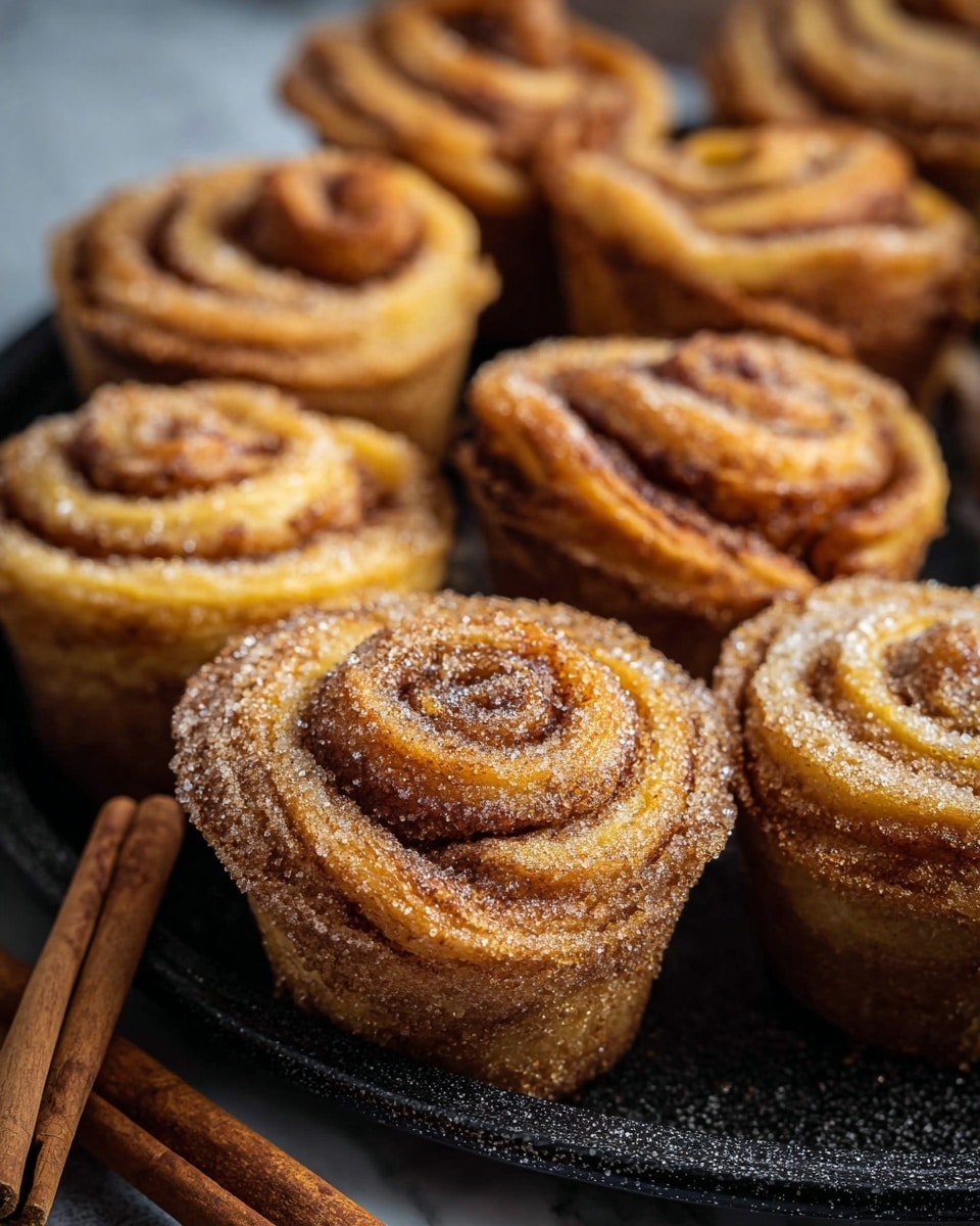 The image shows several cinnamon roll muffins arranged closely on a black pan with a slightly rough texture. Each muffin has multiple spiral layers of light golden brown dough with a sugary cinnamon coating, giving a grainy texture on the surface. The spirals are tightly wrapped with sugar crystals visible throughout, creating a sparkling effect. The muffins have a slightly raised center swirl and darker edges, highlighting the baked layers. In the background, cinnamon sticks rest on a white marbled texture that covers the surface. The overall warm brown tones contrast with the black pan and white marbled background. Photo taken with an iphone --ar 4:5 --v 7
